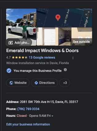 Emerald Impact Windows & Doors Google Business Profile: verified, 4.7 stars from 13 Google reviews, window installation service in Davie, Florida.