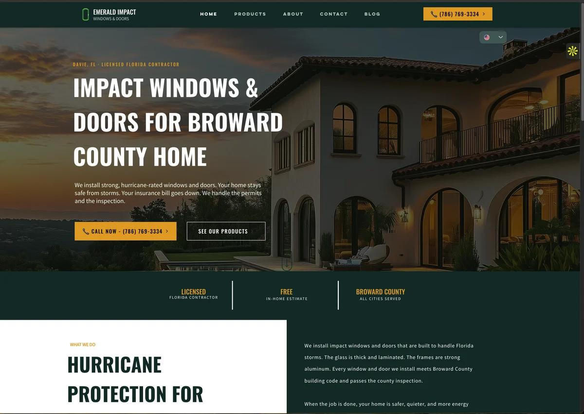 Emerald Impact Windows & Doors rebuilt homepage: impact windows and doors for Broward County homes, with a call button in the header and hero.