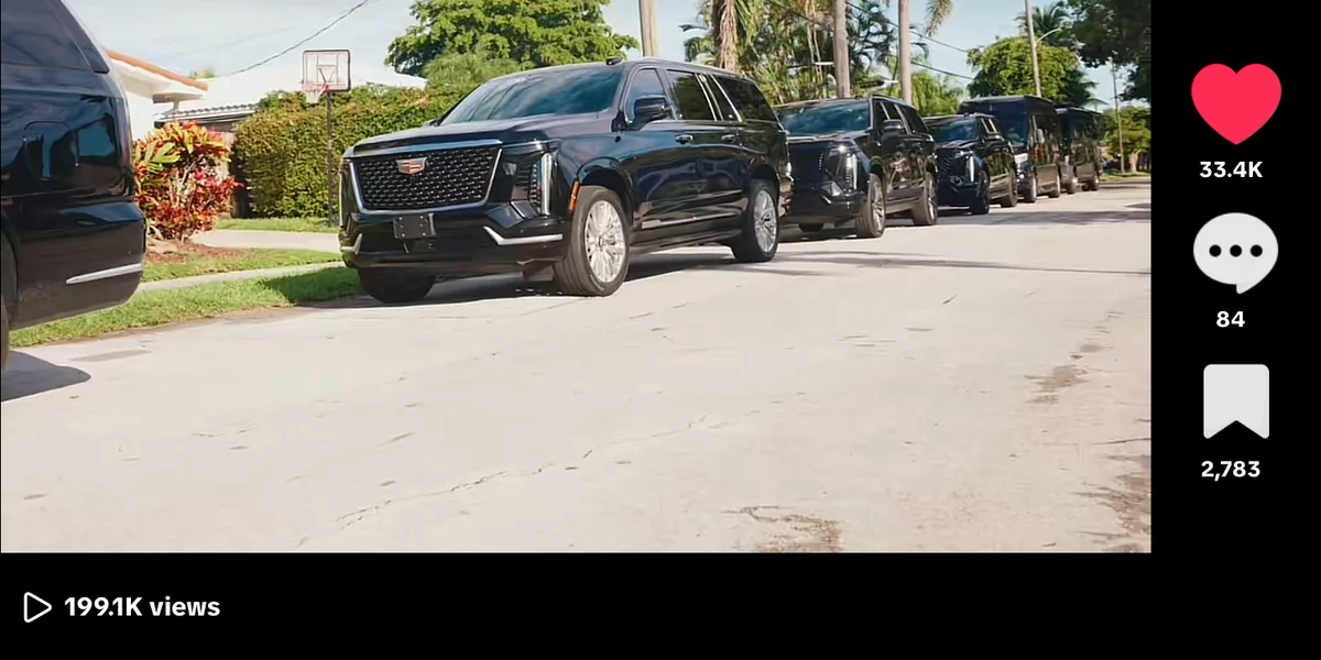 A TikTok of a funeral procession with a line of black SUVs: 199.1K views, 33.4K likes and 2,783 saves.