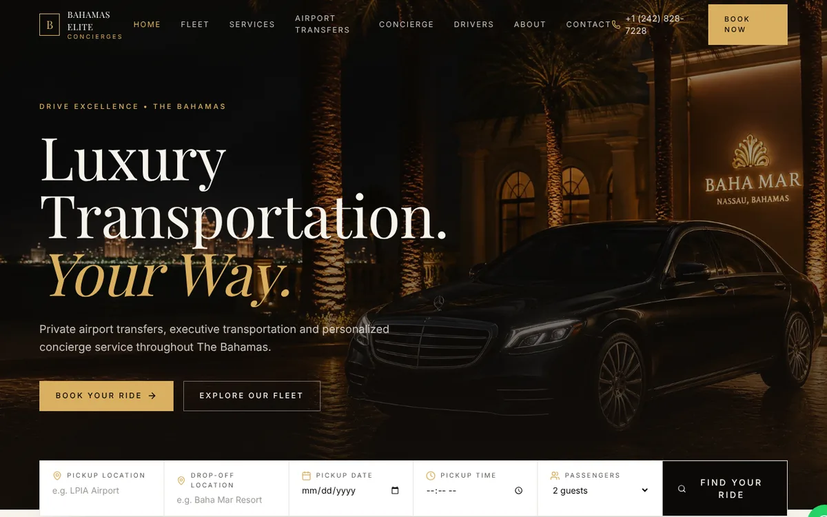 Bahamas Elite Concierges website: luxury transportation, your way, with a ride booking bar for pickup, drop-off, date, time and passengers.