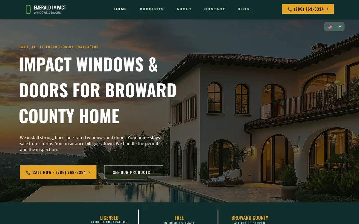 Emerald Impact Windows & Doors website: impact windows and doors for Broward County homes, with a call button in the header and hero.