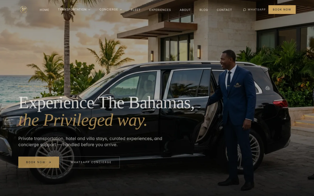 Privileged Bahamas booking site: private transportation, villa stays and concierge, with Book now and WhatsApp concierge buttons.